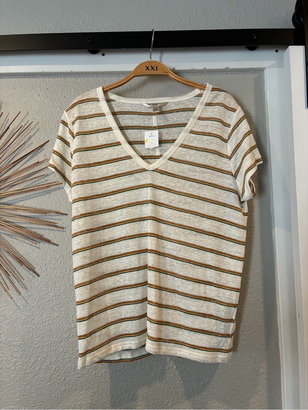 Banana Republic Cream V-Neck Tee with Olive & Brown Stripes